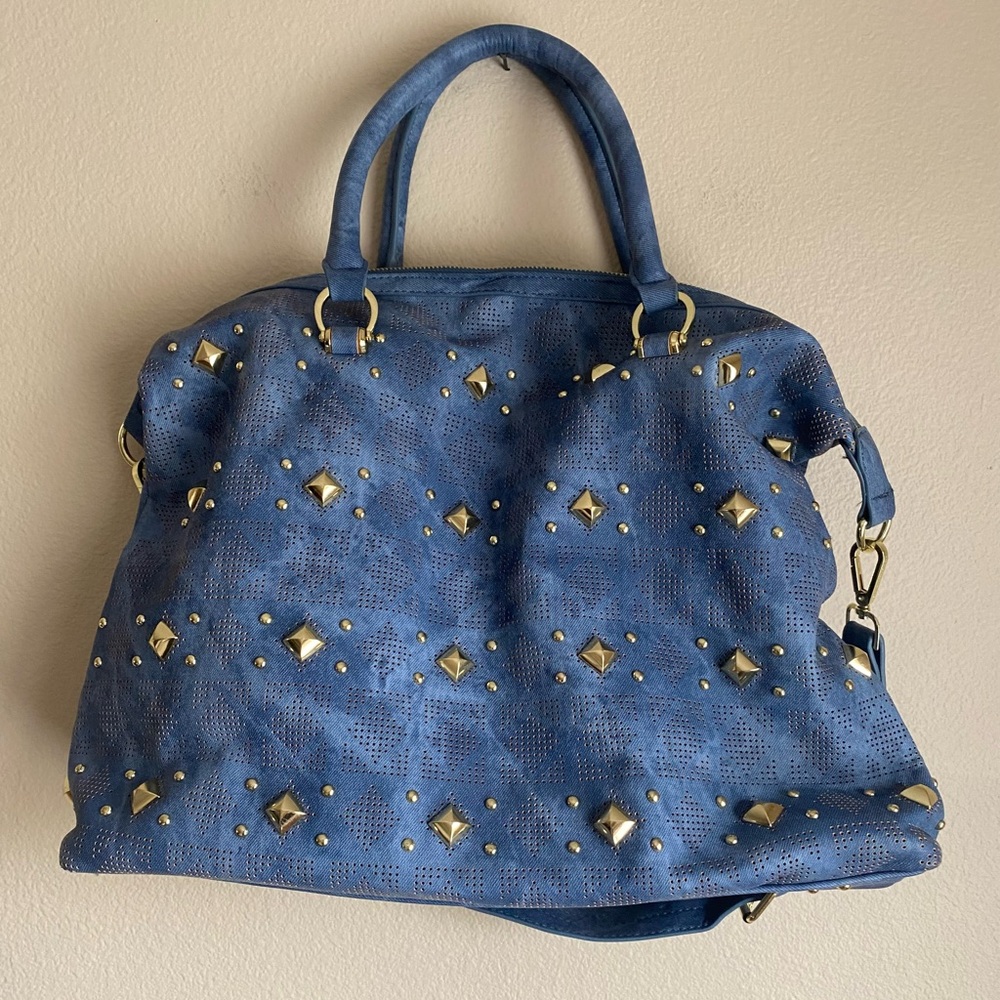Steve Madden Large Blue Purse Gold Studded Tote Shoulder Bag NWOT